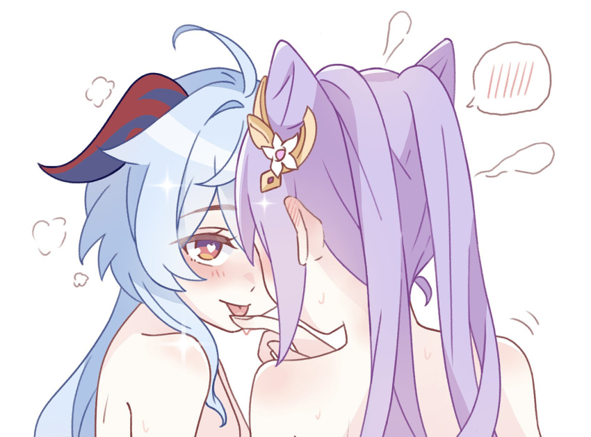 2girls ahoge blue_hair blush breath commentary_request cone_hair_bun ear_blush from_behind ganyu_(genshin_impact) genshin_impact hair_bun heart heart-shaped_pupils highres horns keqing_(genshin_impact) licking licking_finger long_hair looking_at_another multiple_girls nude orange_eyes purple_hair sparkle spoken_blush sweat symbol-shaped_pupils upper_body wu_qin_(gyxx_04) yuri