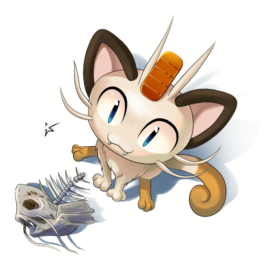 :3 animal_ears animal_skeleton animal_skull blue_eyes bone brown_fur cat cat_ears cat_tail coin corpse fangs fins fish fish_bone fish_skeleton gold highres koban_(gold) looking_at_viewer magikarp meowth no_humans pokemon pokemon_(creature) sharp_teeth simple_background skeleton skull slit_pupils tail teeth warf whiskers white_background white_fur