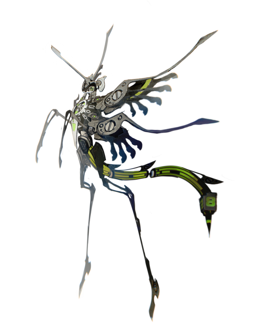 artificial_eye full_body highres kamikiririp mechanic mechanical_arms mechanical_eye mechanical_legs mechanical_tail mechanical_wings monster no_humans original praying_mantis solo tail white_background wings