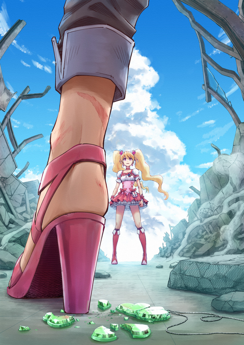 2girls between_legs black_pants blonde_hair blue_sky boots broken capri_pants chain choker clenched_hands close-up cloud cloudy_sky clover collarbone cross-laced_clothes cumulonimbus_cloud cure_peach day debris dress earrings facing_another fresh_precure! gem hair_ornament heart heart_hair_ornament higashi_setsuna high_heels highres itou_shin'ichi jewelry knee_boots layered_skirt legs_apart long_hair looking_at_another magical_girl momozono_love multiple_girls necklace outdoors pants petticoat pink_choker pink_dress pink_eyes pink_footwear pink_wrist_cuffs precure puffy_short_sleeves puffy_sleeves scar short_dress short_sleeves skirt sky standing strappy_heels twintails underbust wind wrist_bow wrist_cuffs wristband