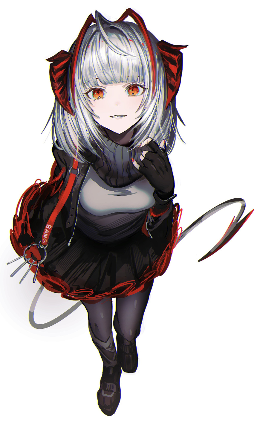 1girl absurdres adjusting_scarf antenna_hair arknights black_gloves black_jacket black_scarf black_skirt black_tail blunt_bangs chromatic_aberration cross-shaped_pupils eyes_visible_through_hair fingerless_gloves fingernails from_above full_body gawako gloves grey_hair grey_pantyhose grey_shirt hand_up highres jacket long_sleeves looking_at_viewer making-of_available medium_hair multicolored_hair nail_polish open_clothes open_jacket orange_eyes pantyhose parted_lips red_hair red_nails scarf shirt simple_background skirt solo streaked_hair symbol-shaped_pupils tail w_(arknights) white_background