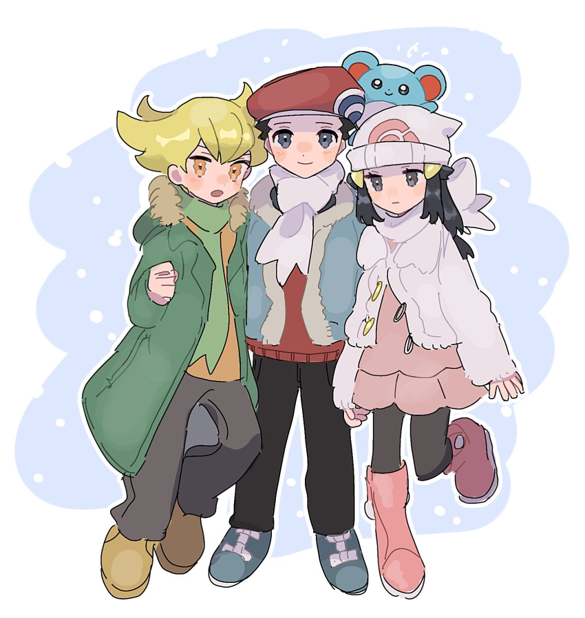 1girl 2boys alternate_costume barry_(pokemon) beanie beret black_hair black_pants blonde_hair boots closed_mouth coat dawn_(pokemon) eneko_(olavcnkrpucl16a) fur-trimmed_jacket fur_trim green_coat green_scarf grey_pants hair_ornament hairclip hat highres jacket long_hair lucas_(pokemon) marill multiple_boys open_clothes open_coat orange_shirt pants pantyhose pink_footwear pointy_hair pokemon pokemon_(creature) pokemon_dppt pokemon_platinum red_hat red_sweater scarf shirt shoes sidelocks sweater white_hat white_scarf