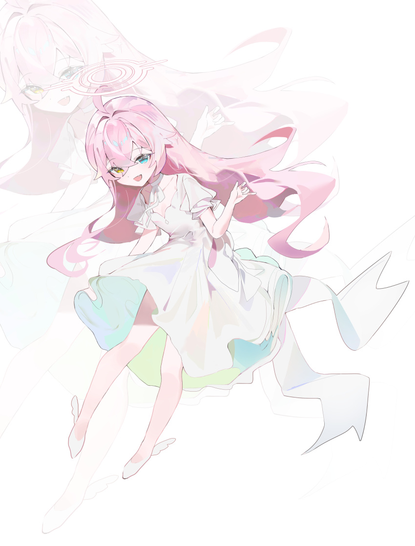1girl absurdres ahoge blue_archive blue_eyes blush collarbone dress fang full_body hair_between_eyes halo highres hoshino_(blue_archive) long_hair looking_at_viewer open_mouth pink_hair pink_halo r_aeel shoes short_sleeves simple_background smile solo white_background white_dress white_footwear yellow_eyes