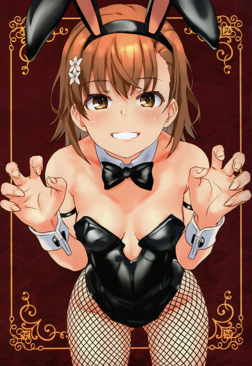 1girl absurdres animal_ears bare_shoulders blush breasts brown_eyes brown_hair detached_collar fake_animal_ears fingernails fishnet_pantyhose fishnets hair_ornament hands_up highres leaning_forward leotard looking_at_viewer misaka_mikoto pantyhose parted_lips rabbit_ears raika9 red_background scan shiny_skin short_hair simple_background small_breasts smile solo strapless strapless_leotard toaru_kagaku_no_railgun toaru_majutsu_no_index wrist_cuffs