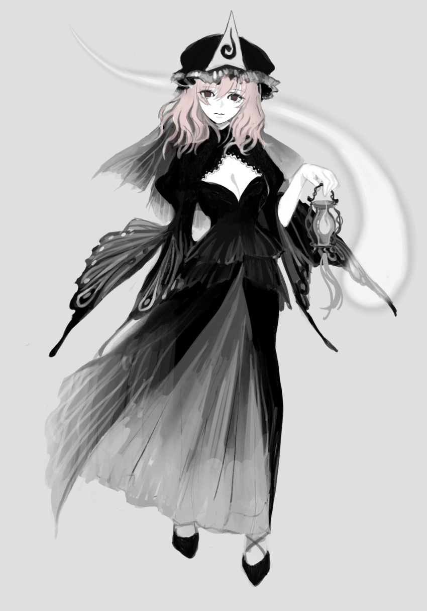 1girl alternate_costume black_dress black_footwear black_hat breasts cleavage cleavage_cutout clothing_cutout dress flats frilled_hat frills full_body grey_background greyscale hair_between_eyes hat highres hitodama holding holding_lantern lantern long_sleeves looking_at_viewer medium_breasts mob_cap monochrome pink_eyes pink_hair puffy_sleeves saigyouji_yuyuko see-through short_hair simple_background solo spot_color standing touhou triangular_headpiece wide_sleeves xianyu_liang