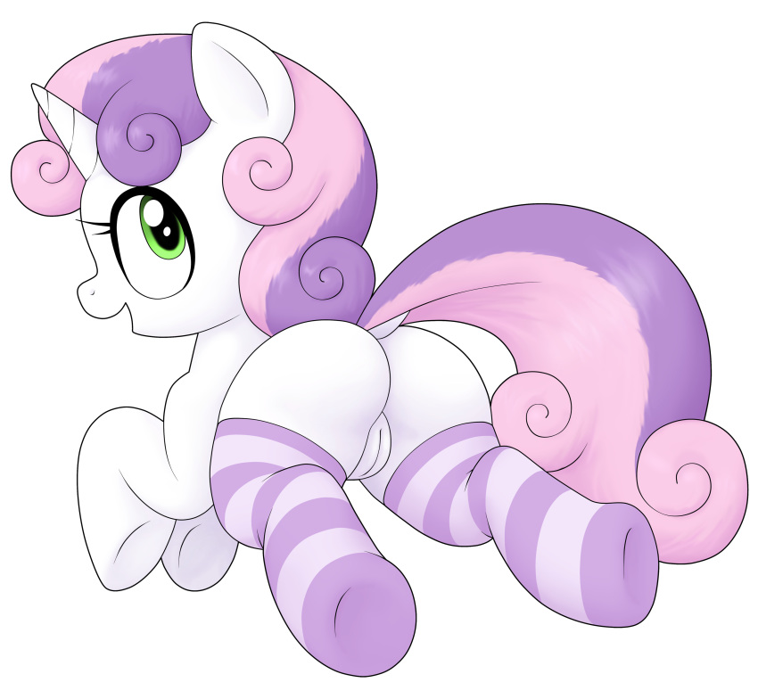 absurd_res alpha_channel border butt clothing equid female feral friendship_is_magic genitals hair hi_res horn legwear looking_back mammal multicolored_hair my_little_pony pussy rear_view simple_background solo sweetie_belle_(mlp) thigh_highs thousandarms transparent_border unicorn young