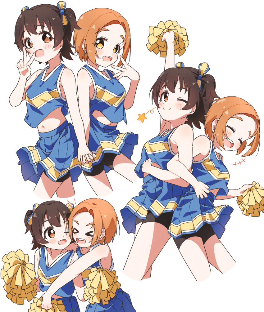 &gt;_&lt; 2girls ;) ^_^ akagi_miria arm_hug bike_shorts bike_shorts_under_skirt blue_shirt blush breasts brown_hair cheerleader closed_eyes cropped_legs cropped_shirt highres holding holding_hands holding_pom_poms idolmaster idolmaster_cinderella_girls interlocked_fingers multiple_girls multiple_views navel one_eye_closed orange_hair pleated_skirt pom_pom_(cheerleading) ryuzaki_kaoru shirt short_hair simple_background skirt sleeveless sleeveless_shirt small_breasts smile stomach two_side_up v white_background yairo_ju