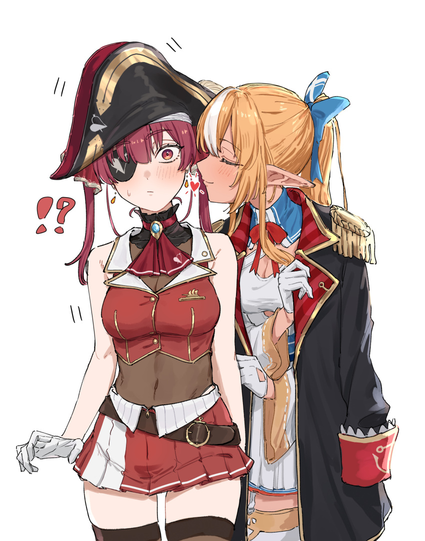 !? 2girls absurdres ascot belt blush bow bowtie breasts brooch brown_belt choker cleavage_cutout closed_eyes closed_mouth clothing_cutout commentary criss-cross_halter eyepatch frilled_choker frills gloves halter_shirt halterneck hat heart highres hololive houshou_marine houshou_marine_(1st_costume) jewelry large_breasts leather_belt medium_hair miniskirt multicolored_hair multiple_girls pleated_skirt pointy_ears red_ascot red_bow red_bowtie red_eyes red_hair shino_12a shiranui_flare shiranui_flare_(1st_costume) shirt skirt symbol-only_commentary thighhighs tricorne virtual_youtuber white_gloves white_shirt yuri