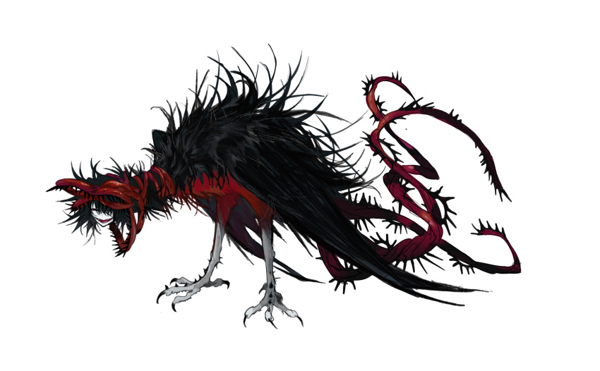 animal_feet animal_focus black_feathers black_hair claws colored_skin creature feathers harpy_boy highres kamikiririp monster monster_boy no_humans open_mouth original red_feathers red_ribbon red_tail ribbon smile talons white_background white_skin