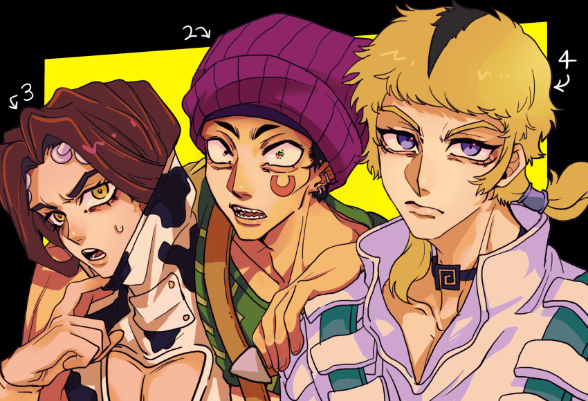 3boys animal_print beanie blonde_hair blue_eyes brothers choker cleavage_cutout clothing_cutout constricted_pupils cow_print donatello_versus earrings facial_mark hand_on_another's_shoulder hat highres jewelry jojo_no_kimyou_na_bouken male_focus multiple_boys numbered open_mouth pectoral_cleavage pectorals purple_hair rikiel sharp_teeth short_twintails siblings stone_ocean suspenders swampland sweatdrop teeth twintails ungaro yellow_eyes