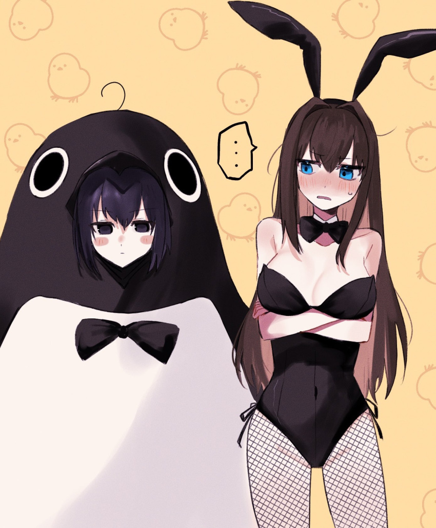 ... 2girls 710_ao animal_costume animal_ears aozaki_aoko bare_shoulders black_bow black_bowtie black_eyes black_hair black_leotard blue_eyes blush blush_stickers bow bowtie breasts brown_hair cleavage collarbone covered_navel crossed_arms detached_collar fake_animal_ears fishnet_pantyhose fishnets hair_between_eyes highres kuonji_alice large_breasts leotard looking_at_another mahou_tsukai_no_yoru multiple_girls official_alternate_costume pantyhose penguin_costume playboy_bunny rabbit_ears short_hair simple_background strapless strapless_leotard sweatdrop yellow_background