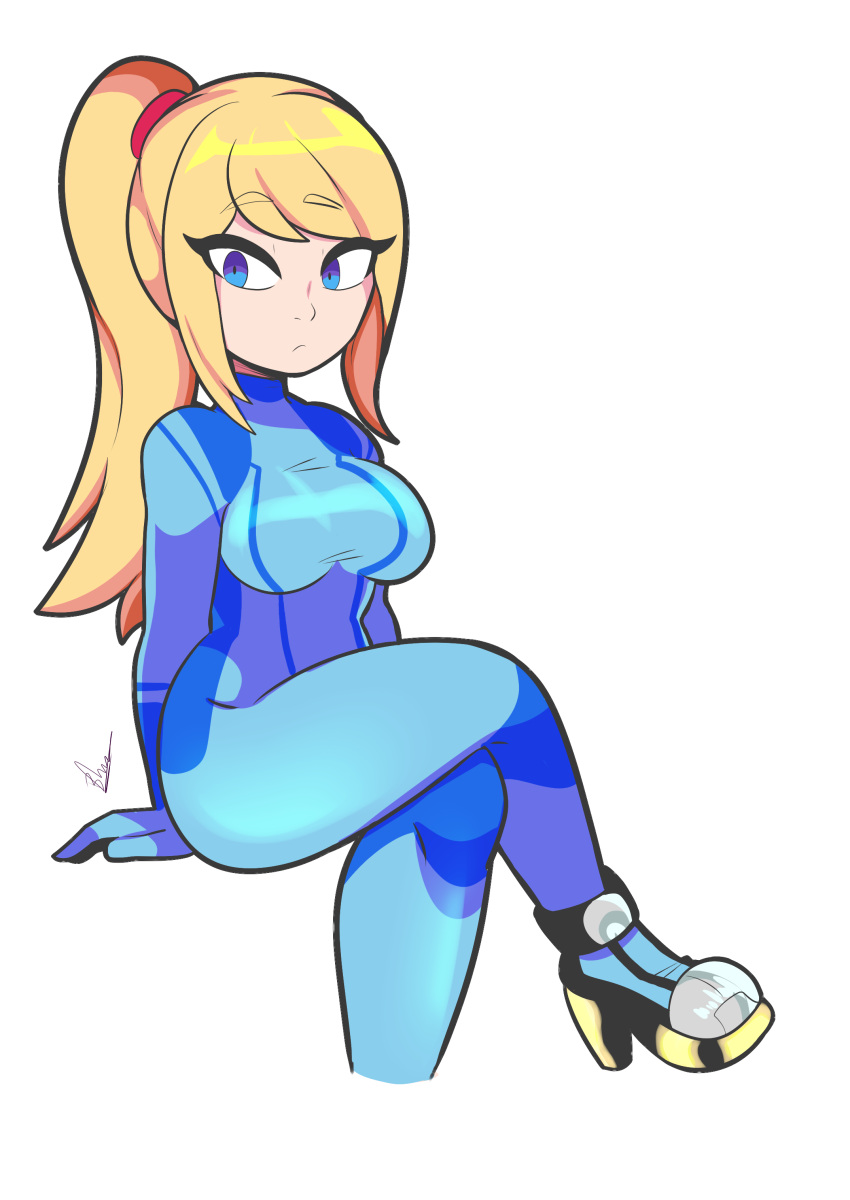 1girl absurdres artist_name bbycheese blonde_hair blue_bodysuit blue_eyes bodysuit breasts closed_mouth cropped_legs crossed_legs high_heels highres long_hair medium_breasts metroid ponytail samus_aran signature simple_background sitting skin_tight solo zero_suit