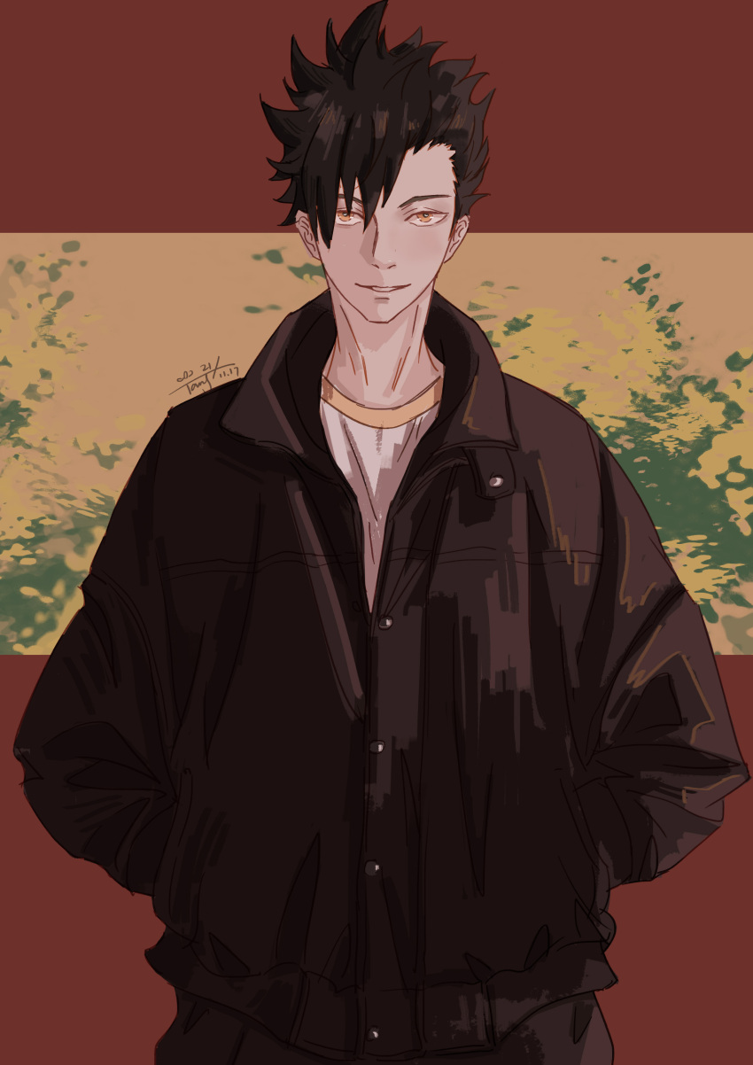 1boy absurdres asymmetrical_bangs black_coat black_hair black_pants black_sleeves buttons chinese_commentary coat collared_coat commentary cowboy_shot dated haikyuu!! hands_in_pockets highres kuroo_tetsurou light_smile long_sleeves looking_at_viewer male_focus orange_sky pants parted_lips red_background sanshui_guantang shirt short_hair signature simple_background sky solo straight-on sunset teeth thick_eyebrows tree white_shirt yellow_eyes