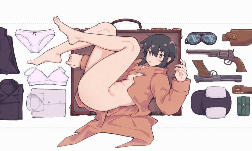 1girl absurdres bare_legs barefoot belt black_hair black_hat black_jacket black_pants bra breasts brown_coat coat collared_shirt commentary_request equipment_layout folded_clothes fur_hat goggles grey_eyes gun hair_between_eyes hat highres in_container jacket kino_(kino_no_tabi) kino_no_tabi kokuya_(kokuya28) long_bangs looking_at_viewer lying naked_coat on_side open_suitcase panties pants pouch revision revolver sheath shirt short_hair short_hair_with_long_locks sidelocks small_breasts solo suitcase thighs underwear unworn_bra unworn_goggles unworn_jacket unworn_panties unworn_pants unworn_shirt weapon white_background white_bra white_panties white_shirt