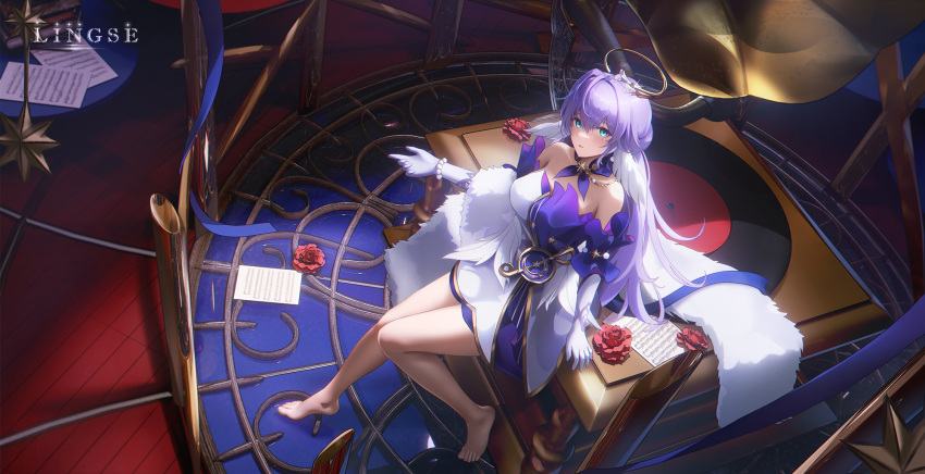 1girl aqua_eyes artist_name bare_legs bare_shoulders barefoot breasts commentary_request detached_sleeves dress feet gloves hair_intakes halo highres honkai:_star_rail honkai_(series) large_breasts ling_dianxia long_hair looking_at_viewer phonograph purple_hair record robin_(honkai:_star_rail) short_sleeves sidelocks sitting solo very_long_hair white_dress white_gloves