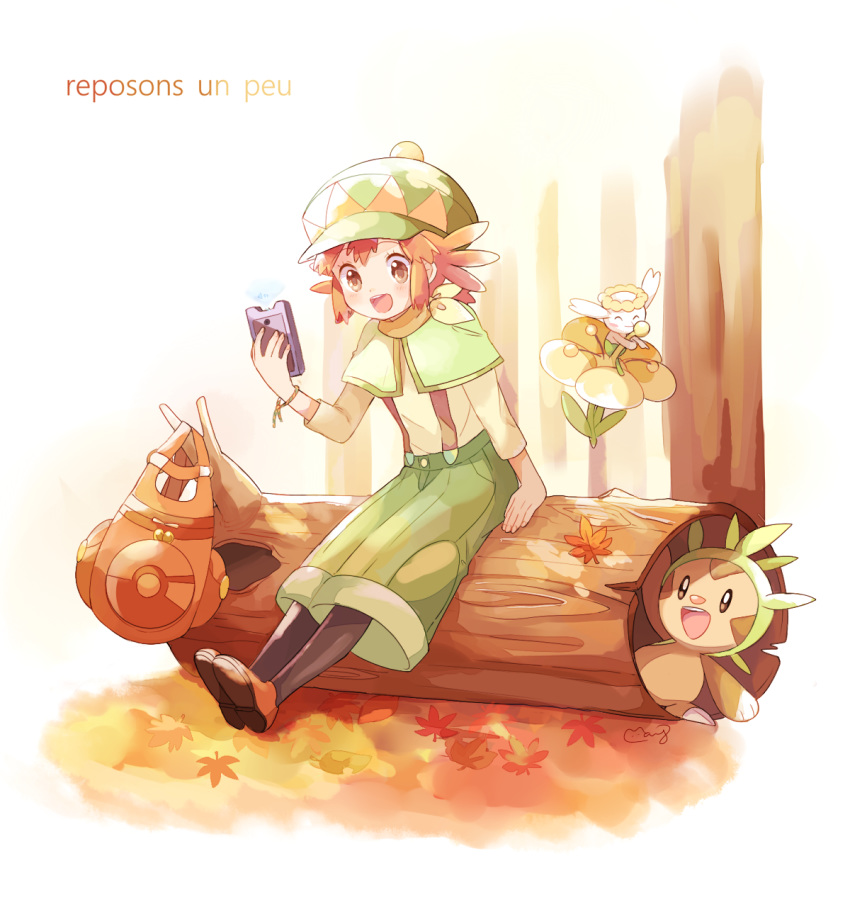 1girl chespin creature flabebe gen_6_pokemon highres manon_(pokemon) outdoors pokemon pokemon_(anime) pokemon_(creature) pokemon_xy_(anime)