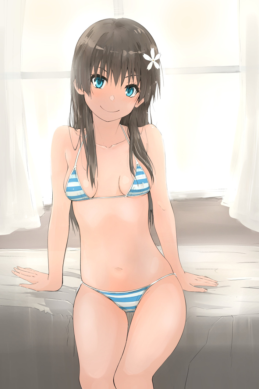 1girl absurdres bed bikini black_hair blue_bikini breasts feet_out_of_frame flower green_eyes hair_flower hair_ornament hair_over_shoulder highres musaki_(msaki666) saten_ruiko small_breasts solo striped_bikini striped_clothes swimsuit thigh_gap toaru_kagaku_no_railgun toaru_majutsu_no_index