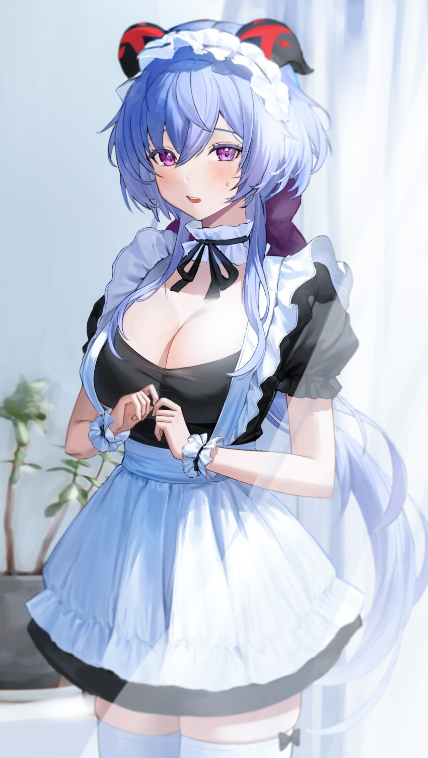 1girl absurdres alternate_costume apron black_dress blue_hair blush breasts choker cleavage commentary_request curtains dress enmaided frilled_choker frilled_hairband frilled_wristband frills ganyu_(genshin_impact) genshin_impact hairband hee_(user_ykux4248) highres horns indoors large_breasts long_hair looking_at_viewer maid maid_apron neck_ribbon plant potted_plant puffy_short_sleeves puffy_sleeves purple_eyes ribbon scoop_neck sheep_horns short_sleeves solo sweatdrop thighhighs very_long_hair white_apron white_thighhighs zettai_ryouiki