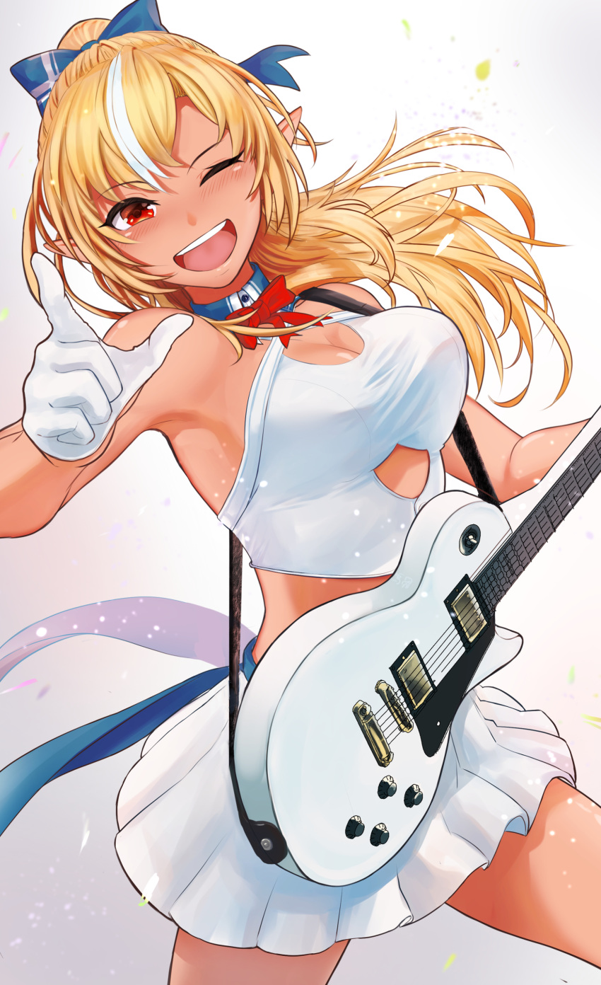 1girl ;d absurdres bako_tsu blonde_hair blue_bow blush bow bowtie breasts cleavage cleavage_cutout clothing_cutout commentary_request cowboy_shot criss-cross_halter crop_top cropped_shirt cutout_above_navel dark-skinned_female dark_skin detached_collar electric_guitar elf gibson_les_paul gloves guitar hair_bow half_gloves halter_shirt halterneck high_ponytail highres holding holding_guitar holding_instrument hololive instrument large_breasts long_hair looking_at_viewer miniskirt multicolored_hair no_detached_sleeves one_eye_closed open_mouth pleated_skirt pointing pointing_at_viewer pointy_ears red_bow red_bowtie red_eyes shiranui_flare shiranui_flare_(1st_costume) shirt skirt smile solo streaked_hair virtual_youtuber white_gloves white_shirt white_skirt