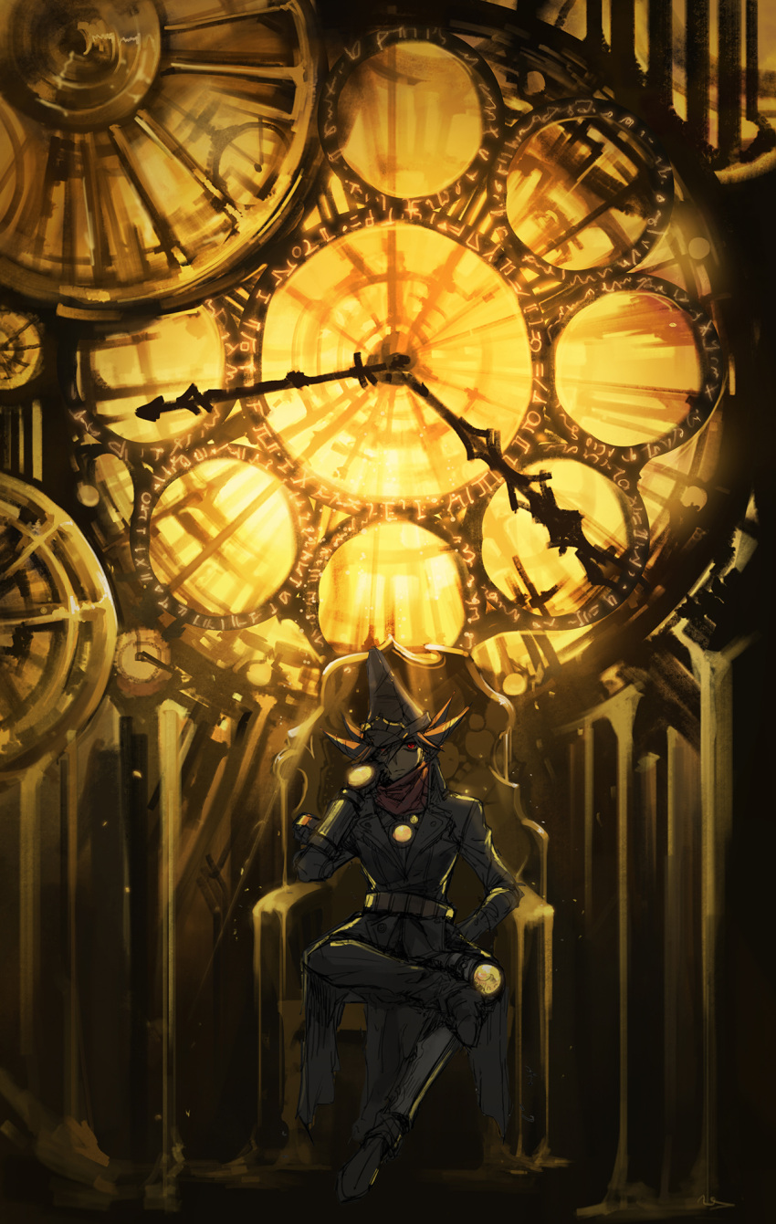 1boy :| analog_clock armchair backlighting black_coat black_footwear black_hat black_pants brown_hair chair clock closed_mouth coat duel_monster elbow_rest expressionless figure_four_sitting fishfall full_body gears hair_between_eyes hat head_rest highres jitome light_particles long_sleeves looking_at_viewer male_focus pants red_eyes red_scarf runes sand scarf short_hair sitting sketch solo spiked_hair straight-on timegazer_magician too_many_clocks wizard_hat yellow_gemstone yellow_light yu-gi-oh!