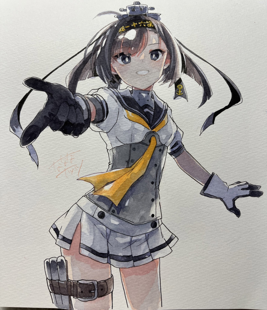 1girl akizuki_(kancolle) belt black_eyes black_hair black_sailor_collar gloves hachimaki headband highres kantai_collection long_hair looking_at_viewer miniskirt nanananatsu neckerchief painting_(medium) photo_(medium) sailor_collar school_uniform serafuku skirt smile solo thigh_belt thigh_strap traditional_media watercolor_(medium) white_skirt yellow_neckerchief