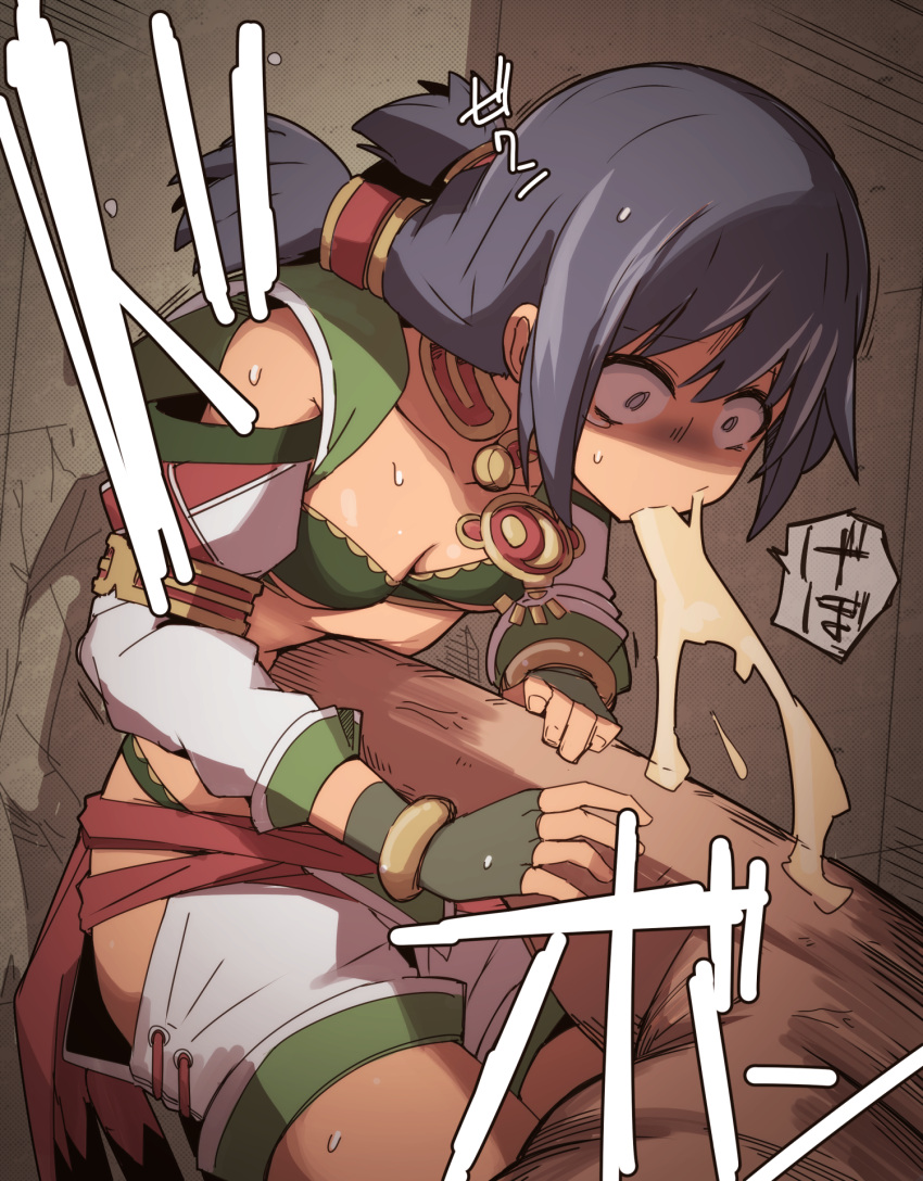 1boy 1girl against_wall breasts constricted_pupils detached_sleeves fingerless_gloves gloves green_gloves hair_tubes highres hip_vent low_twintails nns_(sobchan) punching ryona short_twintails shorts small_breasts solo_focus soulcalibur stomach_punch strapless sweat talim tearing_up tube_top twintails vomit vomiting white_shorts wide-eyed