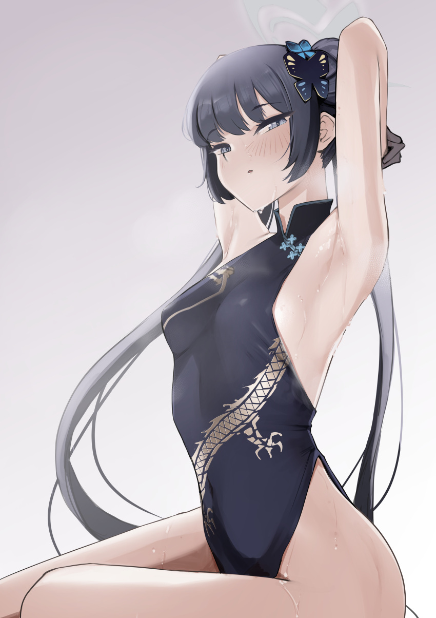 1girl absurdres armpits arms_behind_head bare_legs bare_shoulders black_dress black_gloves black_hair blue_archive breasts butterfly_hair_ornament china_dress chinese_clothes covered_navel double_bun dress gloves grey_eyes grey_halo hair_bun hair_ornament halo highres kisaki_(blue_archive) light_blush long_hair looking_at_viewer presenting_armpit print_dress pupi_(rain_prophet) side_slit sidelocks simple_background sitting small_breasts solo sweat sweaty_armpits twintails very_long_hair