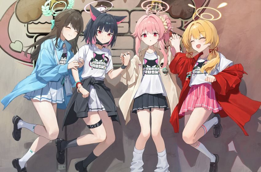 4girls ^_^ absurdres after-school_sweets_club_(blue_archive) ahoge airi_(band)_(blue_archive) airi_(blue_archive) animal_ears arm_hug belt black_choker black_footwear black_hair black_mask blonde_hair blue_archive blue_coat blush bracelet brown_hair cat_ears choker closed_eyes coat commentary_request enokinoko1010 extra_ears fingernails hair_ornament hair_ribbon hair_scrunchie half_updo halo highres holding_hands interlocked_fingers jewelry kazusa_(band)_(blue_archive) kazusa_(blue_archive) kneehighs loafers logo looking_at_viewer loose_socks mask mask_pull mouth_mask multicolored_hair multiple_girls nail_polish natsu_(band)_(blue_archive) natsu_(blue_archive) official_alternate_costume pink_hair pleated_skirt print_shirt red_coat ribbon scrunchie shirt shoes short_hair skirt smile socks thigh_belt thigh_strap twintails two-tone_hair white_coat white_shirt white_socks wristband yoshimi_(band)_(blue_archive) yoshimi_(blue_archive)