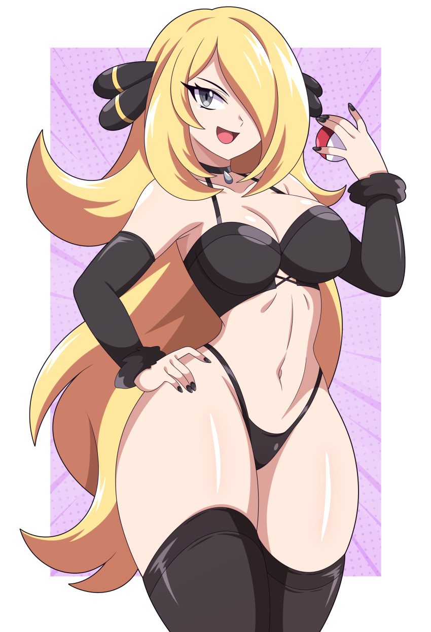 1girl :d absurdres abysswatchers black_bra black_choker black_nails black_panties black_thighhighs blonde_hair bra breasts choker cynthia_(pokemon) fur_trim groin hair_ornament hair_over_one_eye hand_on_own_hip highleg highleg_leotard highres holding holding_poke_ball large_breasts leotard long_hair looking_at_viewer nail_polish open_mouth panties poke_ball poke_ball_(basic) pokemon pokemon_dppt smile solo standing thighhighs underwear underwear_only variant_set very_long_hair wide_hips