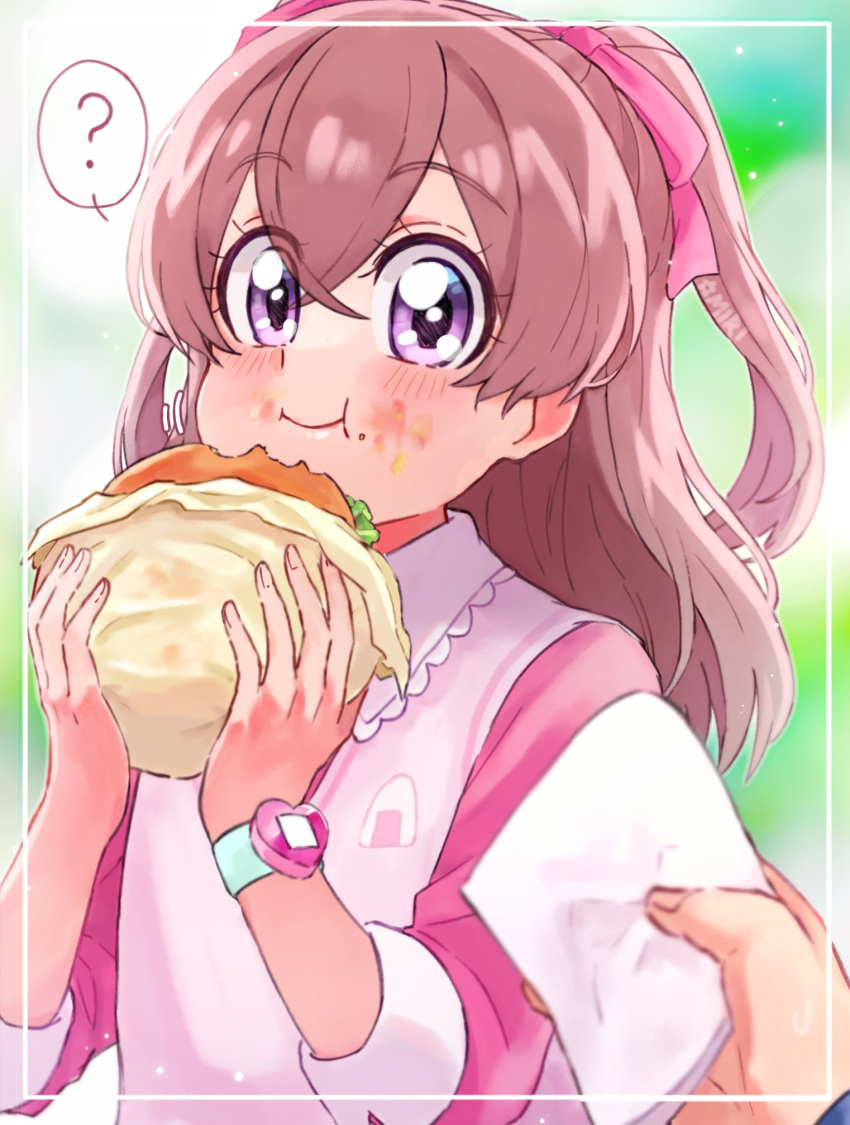 1girl ? blurry blurry_background blush burger close-up closed_mouth delicious_party_precure eating folded_napkin food food_on_face frilled_shirt frills hair_ornament highres holding holding_food long_sleeves miri_(crafimiri) nagomi_yui napkin onigiri_print precure shirt solo_focus twintails two-tone_eyes vest watch wristwatch