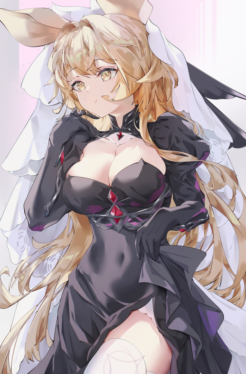 1girl absurdres animal_ears arknights black_dress black_gloves blonde_hair breasts cleavage covered_navel dorothy_(arknights) dorothy_(hand_of_destiny)_(arknights) dress gloves hair_intakes highres jewelry large_breasts long_hair long_sleeves luridrumours mouse_ears mouse_girl official_alternate_costume puffy_long_sleeves puffy_sleeves ring side_slit skindentation solo stomach thighhighs twirling_hair underbust veil very_long_hair white_thighhighs yellow_eyes