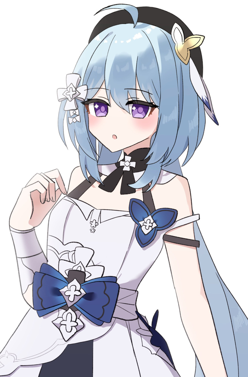 1girl :o absurdres ahoge bare_shoulders beret black_hat blue_hair commentary_request dress griseo h2o_omizu hand_up hat highres honkai_(series) honkai_impact_3rd long_hair looking_at_viewer parted_lips purple_eyes simple_background solo very_long_hair white_background white_dress