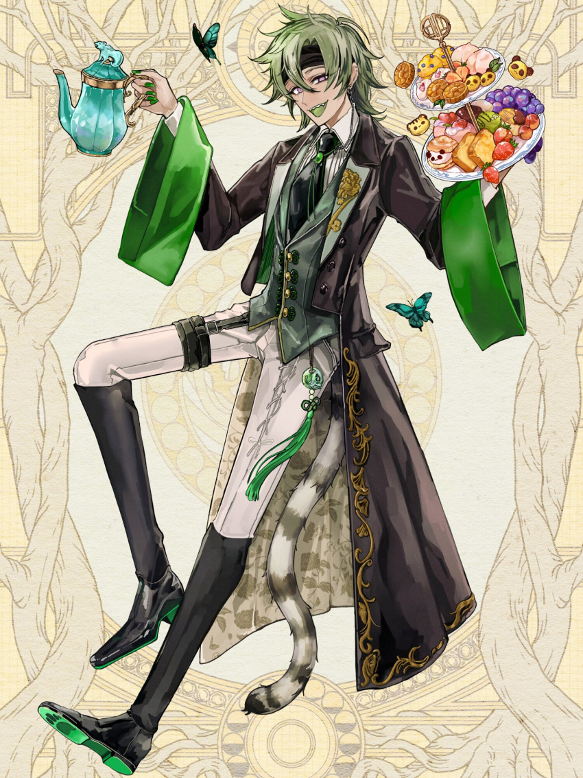 1boy :d animal-themed_food aqua_butterfly ashioka_kuraco baozi black_coat black_footwear black_headband black_necktie boots brooch bug butler butterfly cherry chocolate coat colored_shoe_soles colored_tongue cookie cream_puff cross-laced_clothes curtained_hair dairoku_ryouhei floral_print food fruit full_body grapes green_hair green_nails green_tongue green_vest hair_between_eyes hands_up headband highres holding holding_teapot holding_tiered_tray jewelry knee_boots lapels longevity_peach_bun looking_at_viewer male_focus matcha_(food) mooncake muffin nail_polish necktie notched_lapels open_clothes open_coat pants paw_print_soles pound_cake purple_eyes sharp_teeth short_hair smile solo standing standing_on_one_leg strawberry tail tassel teapot teeth thigh_strap tiered_tray tiger_tail two-sided_coat two-sided_fabric uneven_eyes vest white_pants wide_sleeves yaopei yellow_background yun_feiyi