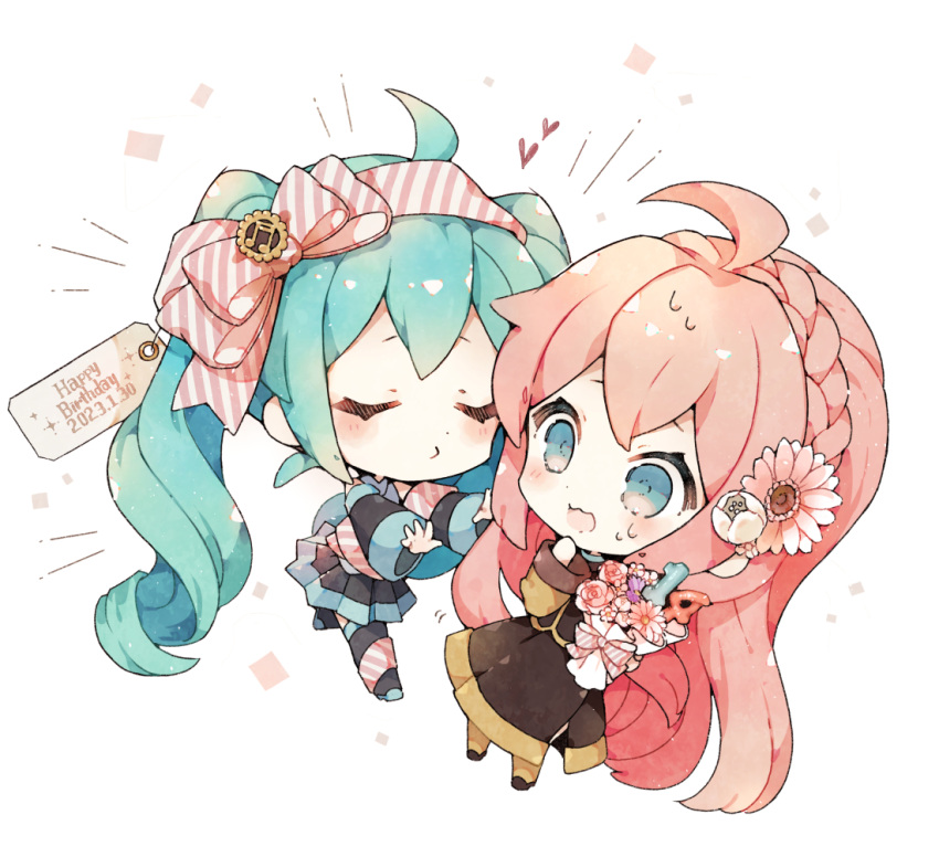 2girls ahoge blue_eyes blue_hair blush bouquet braid chibi closed_eyes crown_braid dated detached_sleeves flower hair_flower hair_ornament happy_birthday hatsune_miku heart long_hair long_sleeves megurine_luka multiple_girls niwako pink_hair reaching_towards_another ribbon skirt sweat twintails very_long_hair vocaloid wavy_mouth yuri