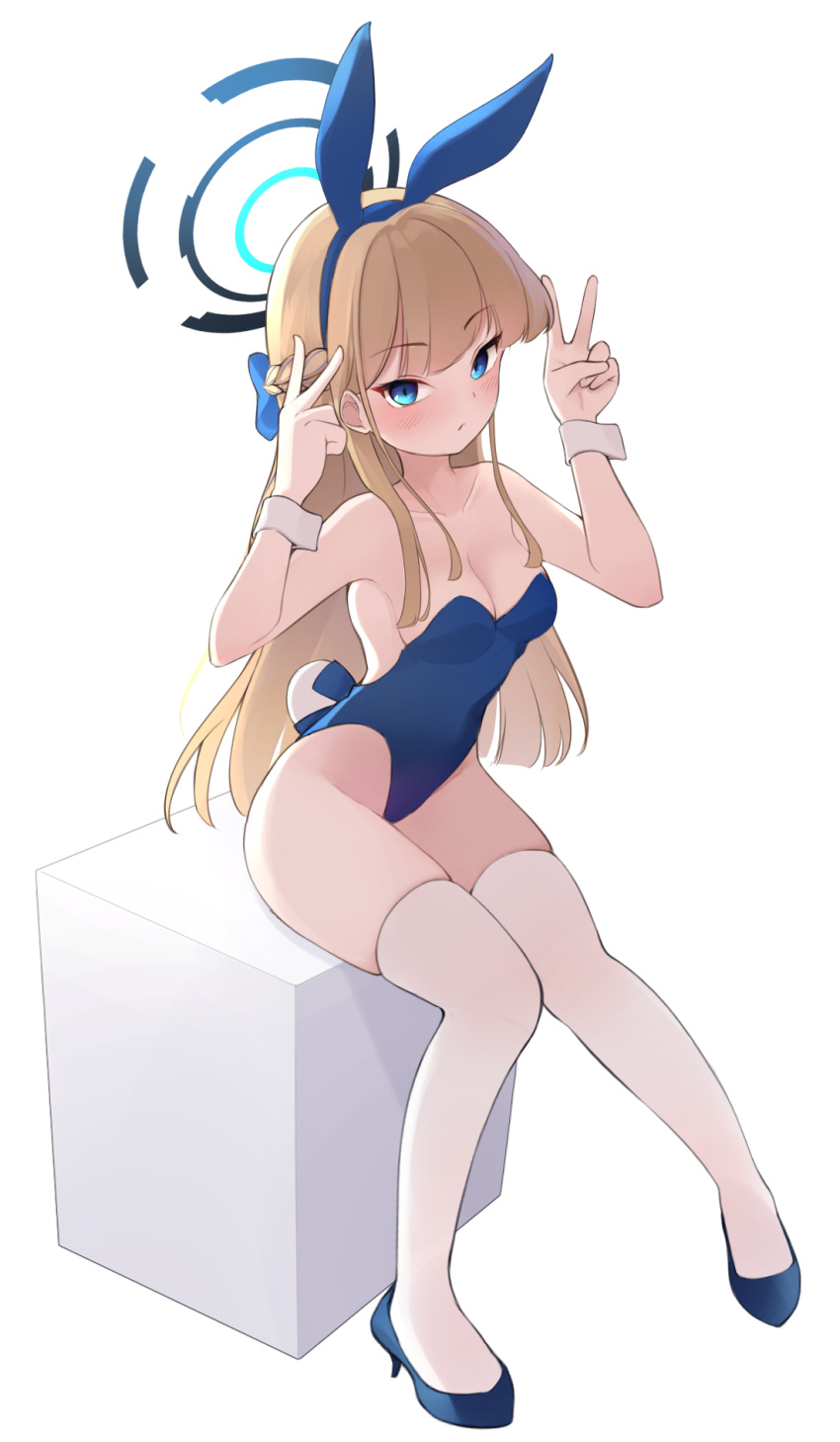 1girl animal_ears bare_shoulders blonde_hair blue_archive blue_bow blue_eyes blue_hairband blue_leotard bow bowtie braid breasts detached_collar double_v fake_animal_ears full_body hairband halo hands_up high_heels highleg highleg_leotard highres leotard long_hair looking_at_viewer medium_breasts official_alternate_costume official_alternate_hairstyle playboy_bunny rabbit_ears rabbit_tail simple_background sitting skindentation tail thighs tisofofo toki_(blue_archive) toki_(bunny)_(blue_archive) v very_long_hair white_background wrist_cuffs