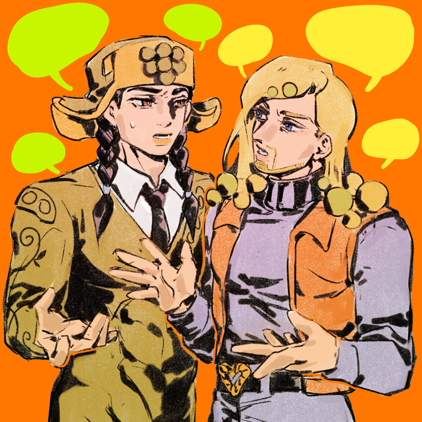 2boys absurdres beard black_hair blank_speech_bubble blonde_hair blue_eyes bomber_hat braid brown_eyes facial_hair hands_up heart_belt higashikata_norisuke_iv highres jojo_no_kimyou_na_bouken jojolion long_hair male_focus mamezuku_rai multiple_boys necktie orange_background speech_bubble twin_braids vest xiaorong