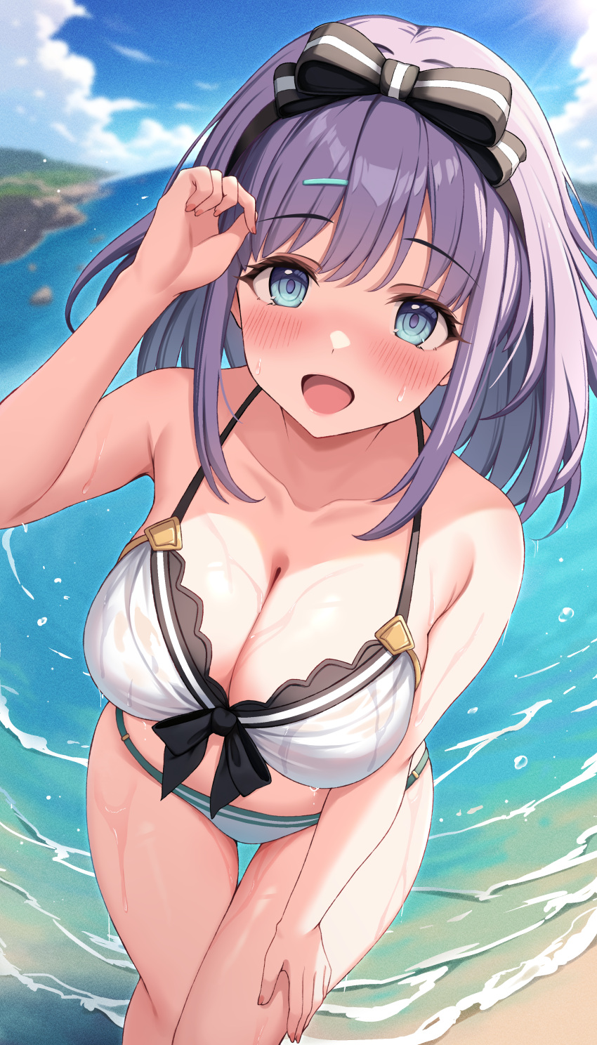 1girl :d absurdres beach bikini black_bow black_hairband blue_eyes blue_sky blush bow bow_hairband breasts cleavage cloud collarbone commentary_request day hair_bow hairband hand_up highres large_breasts misora_(princess_connect!) myuu_(arisumeria) ocean open_mouth outdoors princess_connect! purple_hair sky smile solo sweat swimsuit tongue water white_bikini