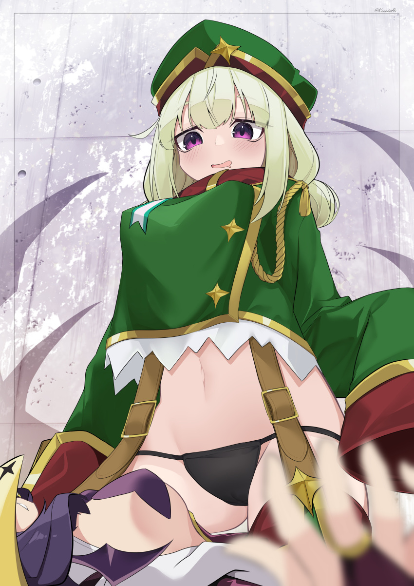 2girls absurdres araga_kiwi black_panties blurry blurry_foreground boots breasts buttons commentary_request crop_top crop_top_overhang depth_of_field double-breasted double_bun drooling girl_on_top green_hair green_hat green_jacket green_thighhighs hair_bun hat highres hiiragi_utena jacket kanadeho leoparde_(mahou_shoujo_ni_akogarete) looking_down magia_baiser magical_girl mahou_shoujo_ni_akogarete medium_breasts military_hat mouth_drool multiple_girls no_pants panties pasties peaked_cap purple_eyes sidelocks sleeves_past_fingers sleeves_past_wrists solo_focus thigh_boots thighhighs thong underwear wrist_cuffs