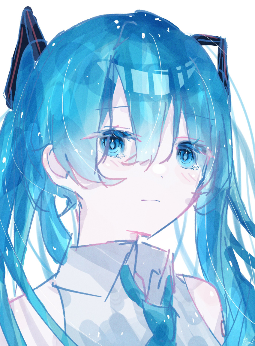 1girl absurdres aqua_eyes aqua_hair aqua_necktie blue_eyes close-up closed_mouth collared_shirt commentary_request dot_nose hair_between_eyes hair_ornament hatsune_miku highres izu_(izu_16016) light_blush long_hair looking_ahead necktie portrait shirt simple_background sleeveless solo tearing_up three_quarter_view twintails unkempt vocaloid white_background white_shirt