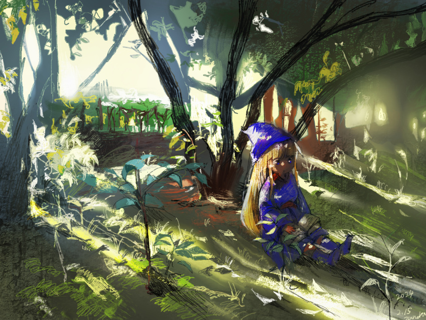 1girl blonde_hair blue_eyes blue_footwear blue_hat blue_robe book book_on_lap forest full_body hat highres long_hair long_sleeves madou_monogatari nature open_book outdoors puyopuyo robe sitting solo tree under_tree witch_(puyopuyo) yudeedamame_(zundamame)