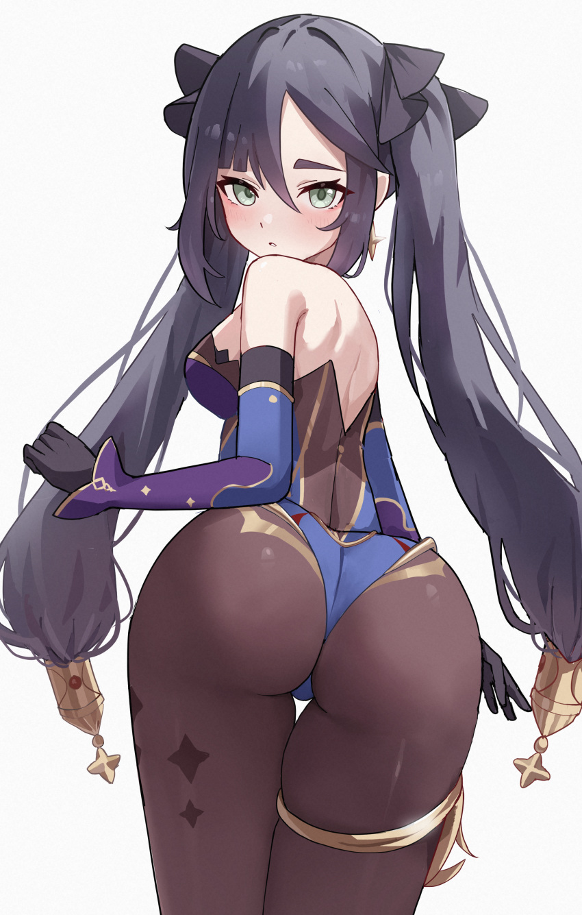 1girl absurdres aftamc ass bare_shoulders black_gloves black_hair blue_leotard blush breasts earrings from_behind genshin_impact gloves gold_trim green_eyes highres jewelry leotard long_hair looking_at_viewer looking_back medium_breasts mona_(genshin_impact) pantyhose parted_lips simple_background solo star_(symbol) star_earrings thigh_gap thighlet twintails twisted_torso very_long_hair white_background