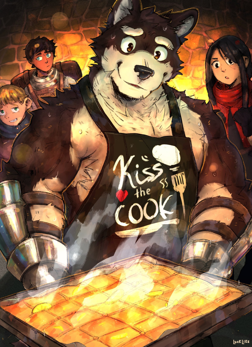 1girl 3boys animal_ears apron artist_name bara black_apron black_eyes black_hair blonde_hair blue_cape blue_eyes brown_eyes brown_hair cape capelet carrying_bag dog_boy dog_ears dungeon_meshi english_commentary furry furry_male green_eyes highres kabru kiss_the_cook kobold kuro_(dungeon_meshi) looking_at_food luck_like mickbell_tomas multiple_boys muscular muscular_male pectorals red_capelet rin_(dungeon_meshi) smile steam sweat very_sweaty