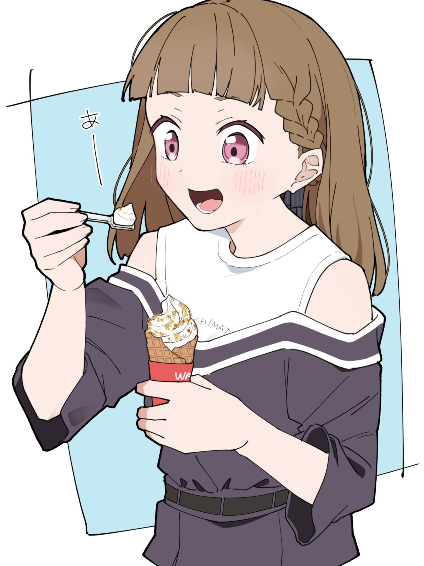 1girl :d black_dress blue_background blunt_bangs blush border braid brown_hair center-flap_bangs commentary dress food hashtag-only_commentary highres holding holding_ice_cream_cone holding_spoon ice_cream ice_cream_cone kachimachi_kosuzu link!_like!_love_live! liz_(piyoko_piyop) long_hair looking_at_food love_live! lower_teeth_only off_shoulder open_mouth outside_border pink_eyes shirt side_braids simple_background sleeveless sleeveless_shirt sleeves_past_elbows smile soft_serve solo spoon straight_hair teeth upper_body virtual_youtuber white_border white_shirt