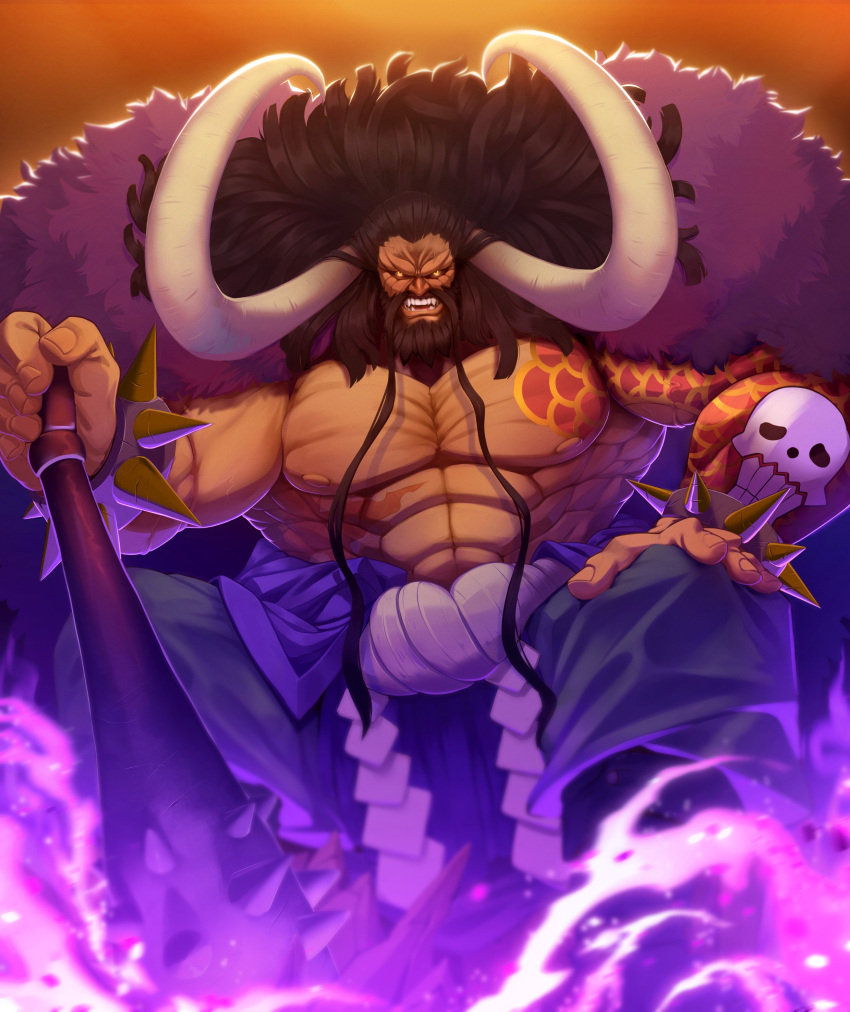 1boy absurdres alternate_facial_hair beard black_hair black_sclera colored_sclera dark-skinned_male dark_skin facial_hair flexing_pectorals frown full_beard highres kaidou_(one_piece) kanbu large_horns long_hair looking_at_viewer male_focus mature_male monster_boy muscular muscular_male one_piece planted purple_lightning serious sitting skull solo strongman_waist tatiandart1 thick_beard very_long_hair very_long_mustache wrinkled_skin