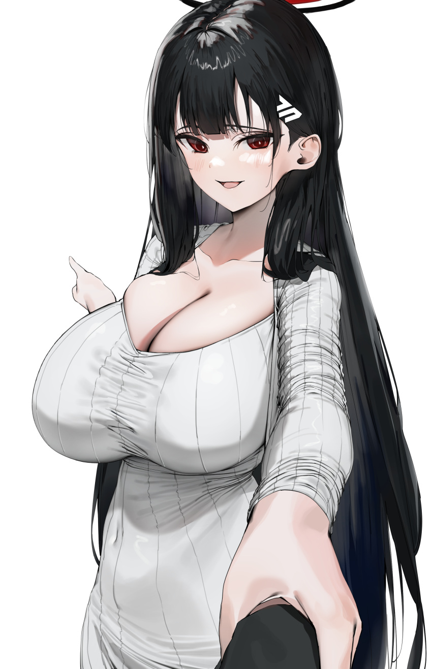 1girl absurdres black_hair blue_archive blush breasts cleavage collarbone covered_navel dress hair_ornament hairclip halo highres holding huge_breasts long_hair long_sleeves looking_at_viewer open_mouth poharo red_eyes rio_(blue_archive) simple_background smile solo striped_clothes striped_dress vertical-striped_clothes vertical-striped_dress white_background