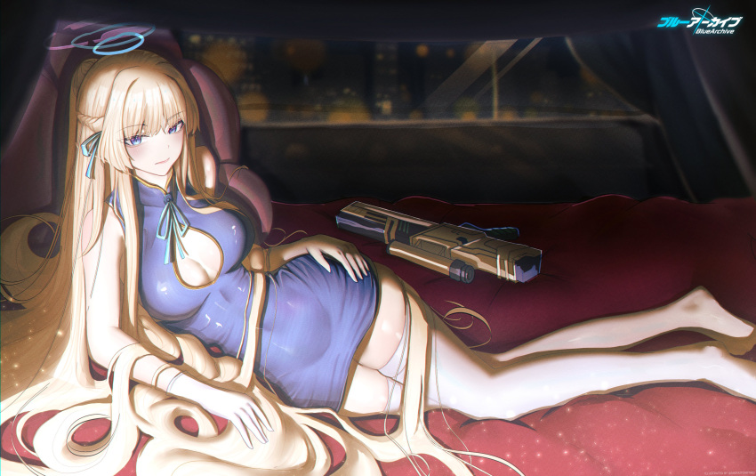 absurdres asuma blonde_hair blue_archive blue_eyes breasts chinese_clothes cool_&amp;_sexy_(idolmaster) highres shiraitoart983 spread_legs thighhighs toki_(blue_archive)