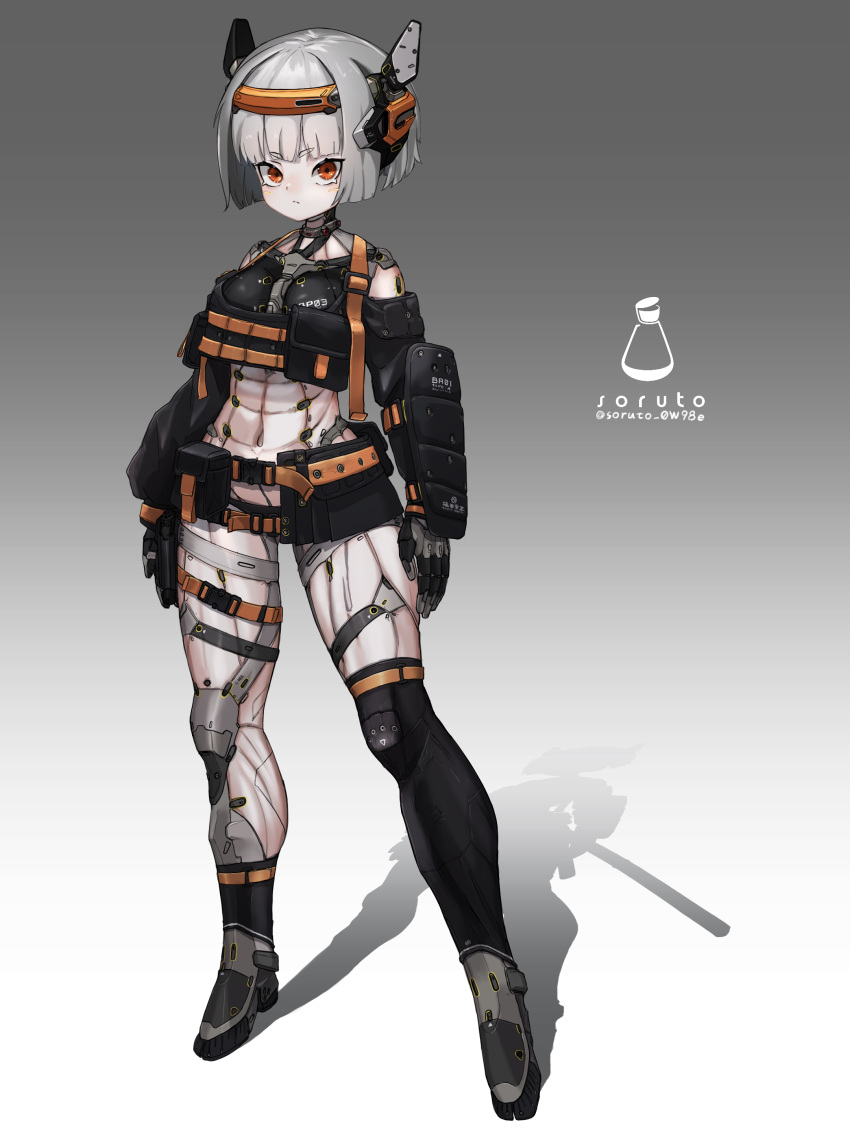 1girl absurdres armor arms_at_sides artist_name belt belt_pouch breasts commentary_request cyborg full_body gradient_background grey_background grey_hair headgear highres looking_at_viewer medium_breasts orange_eyes original pouch science_fiction shadow short_hair single_thighhigh solo soruto_0w98e standing thighhighs two-tone_background variant_set white_background