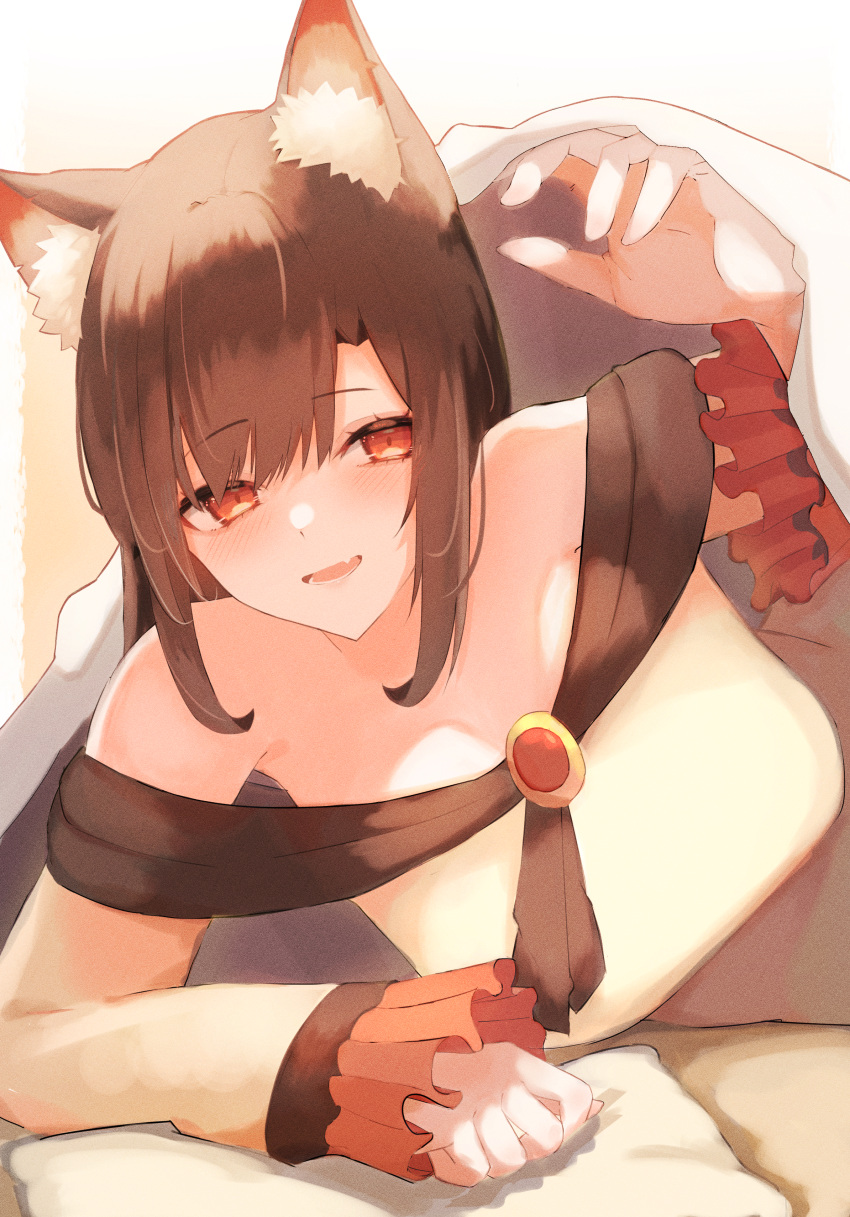 1girl :d absurdres animal_ear_fluff animal_ears blanket blush brooch brown_hair dress fang frilled_sleeves frills highres imaizumi_kagerou jewelry long_sleeves looking_at_viewer lower_teeth_only lying medium_hair off_shoulder on_side open_mouth pollux368 red_eyes smile solo teeth tongue touhou under_covers upper_body white_dress wolf_ears