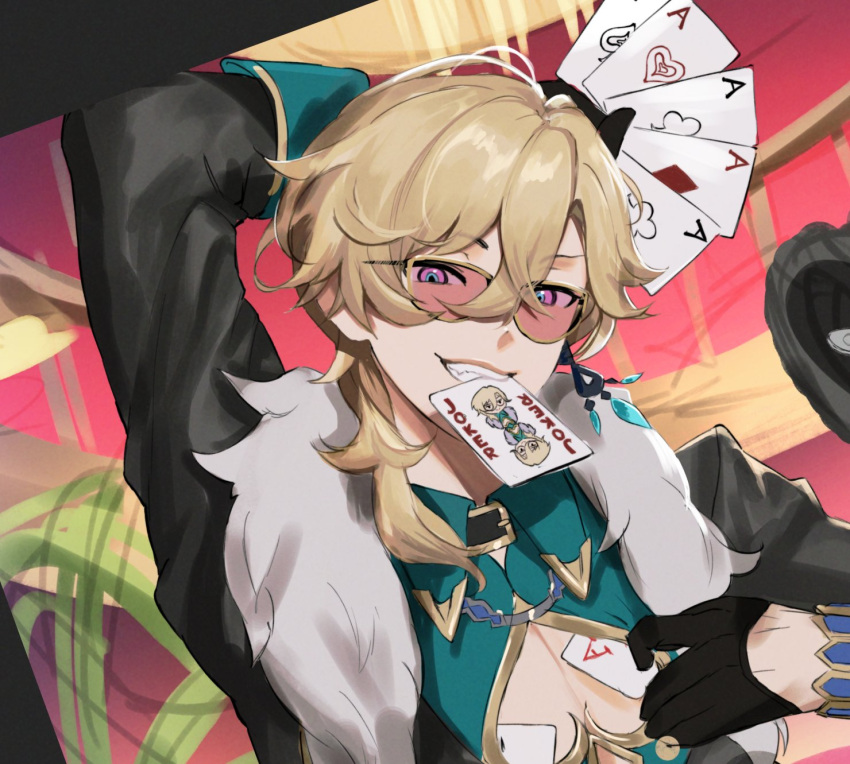 1boy ace_(playing_card) ace_of_clubs ace_of_diamonds ace_of_hearts ace_of_spades adamosina arm_up aventurine_(honkai:_star_rail) black_gloves card cleavage_cutout clothing_cutout club_(shape) commentary diamond_(shape) gloves green_shirt heart highres holding holding_card honkai:_star_rail honkai_(series) male_focus mouth_hold playing_card shirt spade_(shape) teeth_hold unfinished upper_body