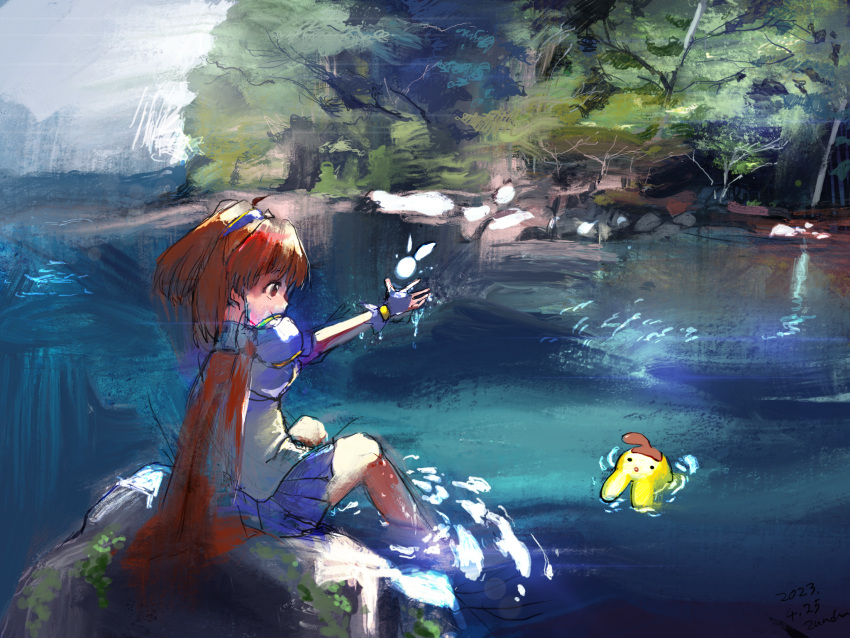 1girl arle_nadja armor blue_gloves blue_skirt breastplate brown_eyes brown_hair cape carbuncle_(puyopuyo) fairy floating forest gloves highres lying madou_monogatari nature on_back outdoors outstretched_arm pleated_skirt ponytail puyopuyo red_cape river rock short_hair sitting sitting_on_rock skirt soaking_feet solo yudeedamame_(zundamame)